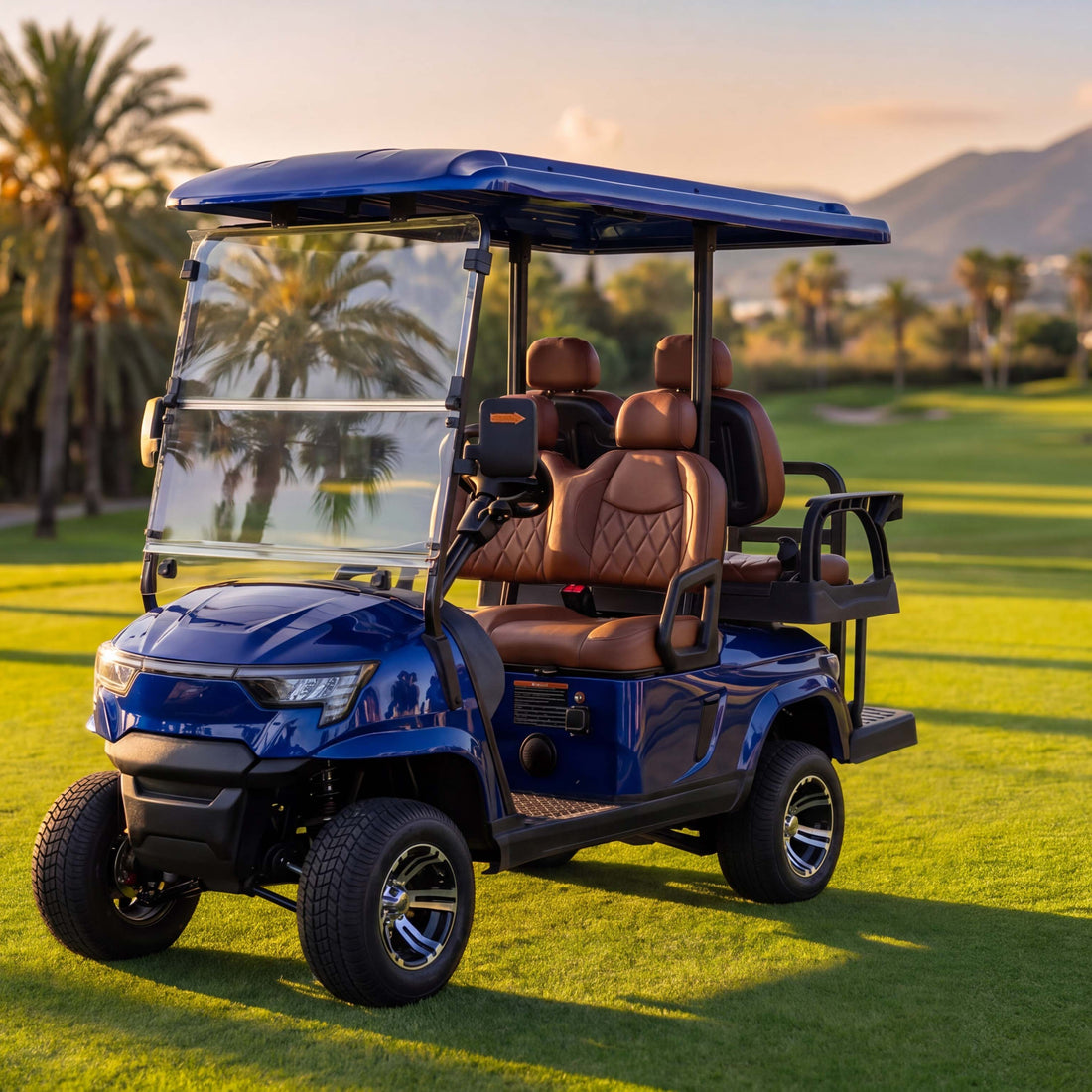 Zycar E2+2 four-seat utility golf buggy in blue with brown seats