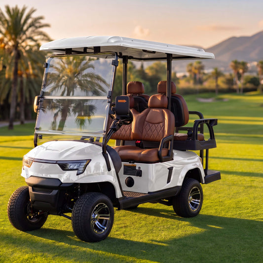 Zycar E2+2 four-seat utility golf buggy in white with brown seats
