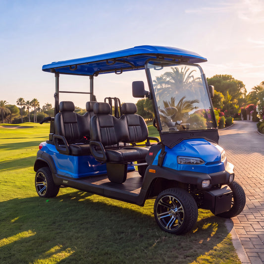 Zycar Z4 four-seat road legal golf buggy in Sea Blue with Black seats