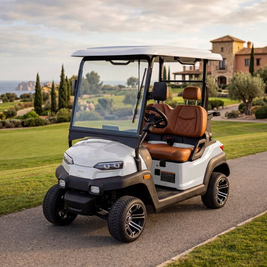 Zycar Z2 two-seat electric road legal golf buggy in white with brown seats